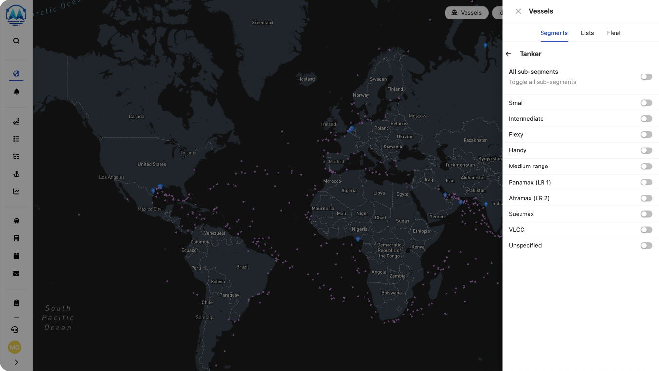 Screenshot of the different tanker segments you can choose from in ShipIntel by Maritime Optima