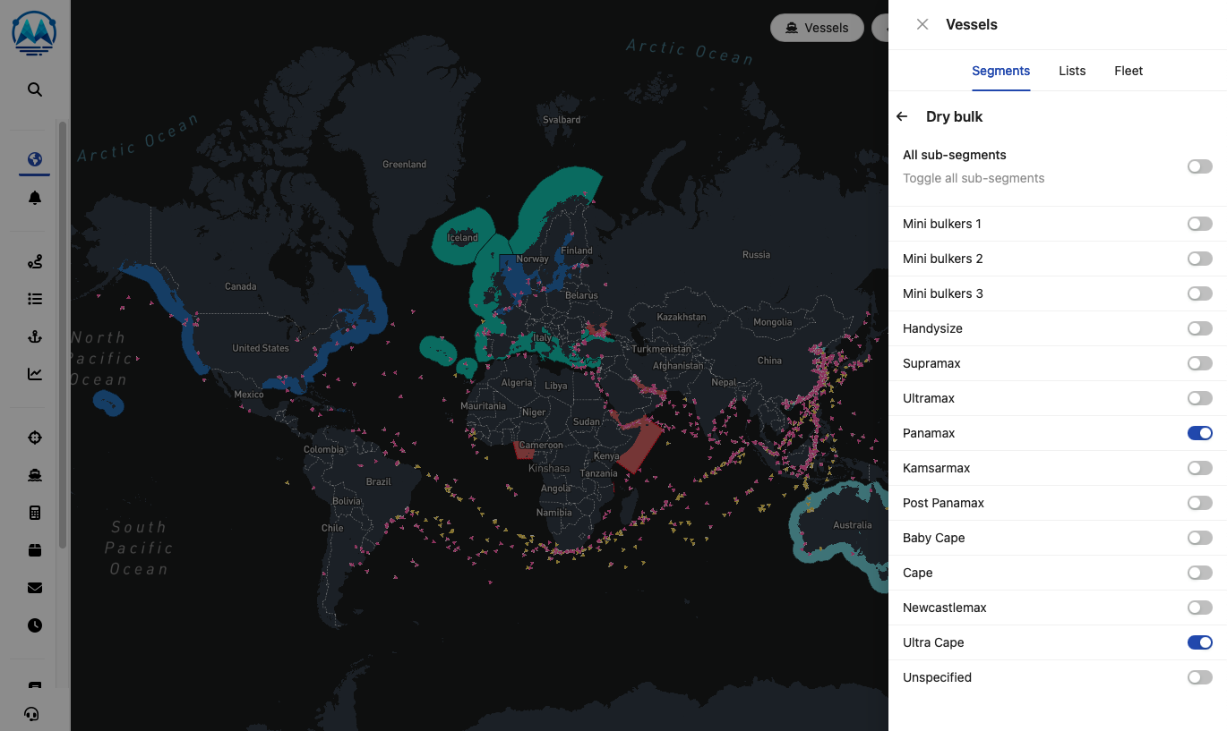 A screenshot inside ShipIntel showing the different dry bulk segments