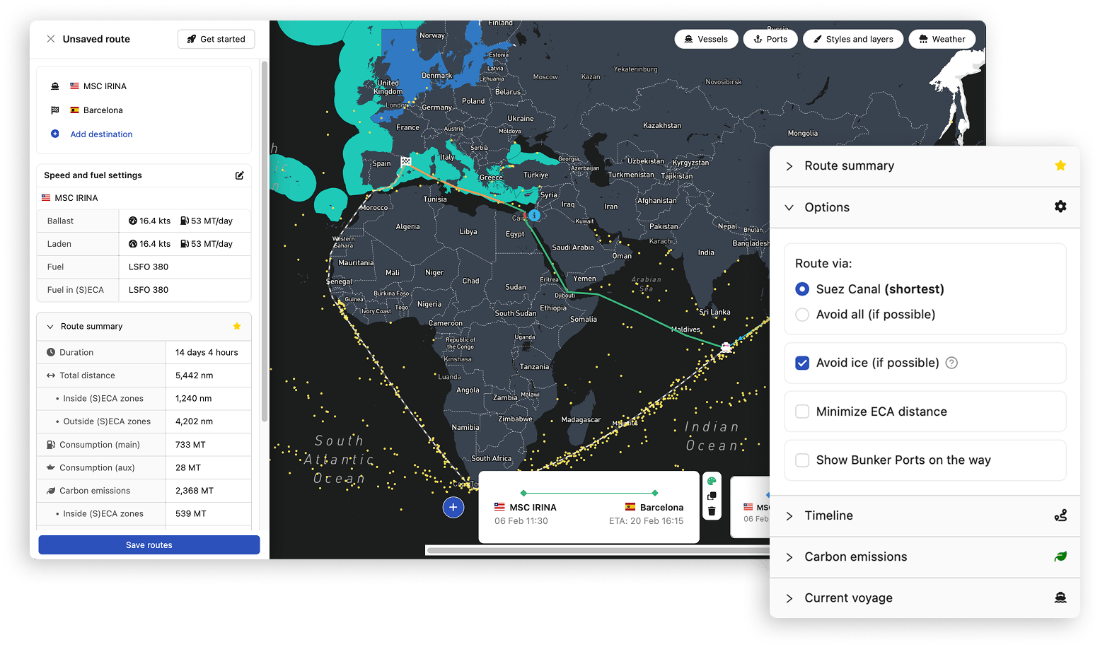 Maritime Optima’s maritime software solution; ShipIntel, displayed on both desktop and mobile devices. The image shows ship routes, ports, and vessel information, highlighting sea between Europe, Africa, Asia, and Australia, as well as icons indication vessels on the map. The image on the mobile device, shows a sea route calculation made in ShipIntel for a dry bulk vessel. vessel The software solution made by Maritime Optima, called ShipIntel, includes features like AIS data, voyage and sea routes, and consumption statistics, offering a comprehensive maritime management view for maritime operations, providing its users with maritime intelligence at their fingertips.